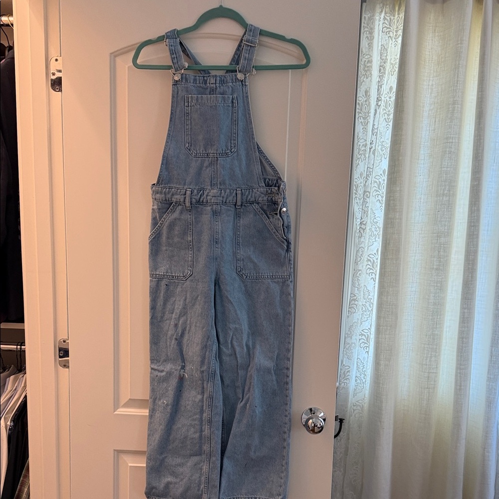 Mango Light Blue Denim Overalls with paint details